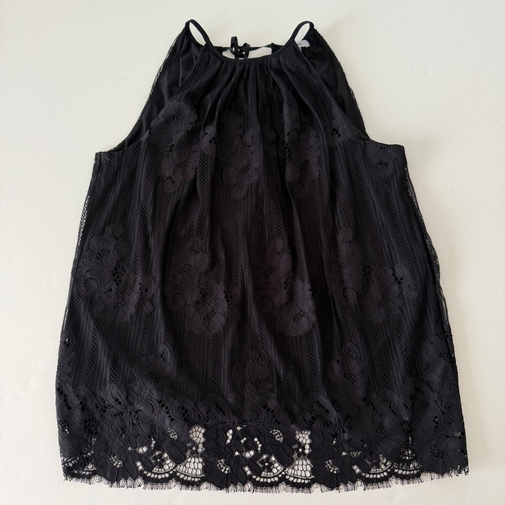 Sophie Max Womens Black Floral Lace Halter Neck Top Blouse Scalloped Hem Medium